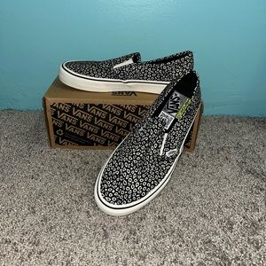 Brand new slip on vans black and white cheetah print, woman’s 9.5!